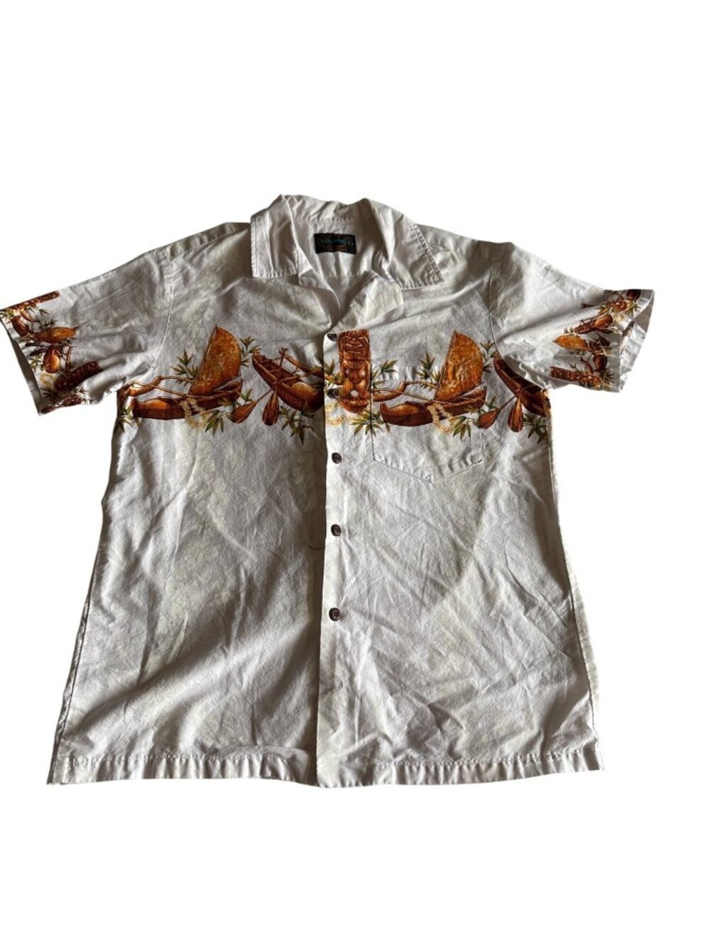 Hawaiian Reserve Collection Womens Button-Up Shirt With Tiki & Canoe Print Short